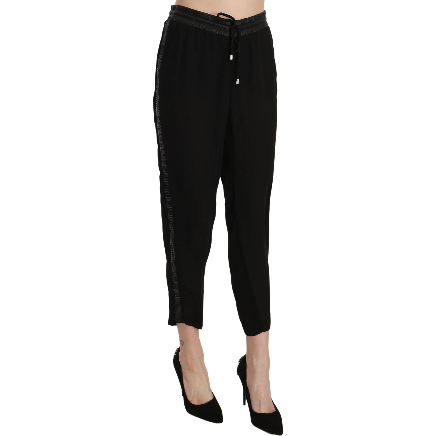 Black Polyester High Waist Cropped Trousers Pants