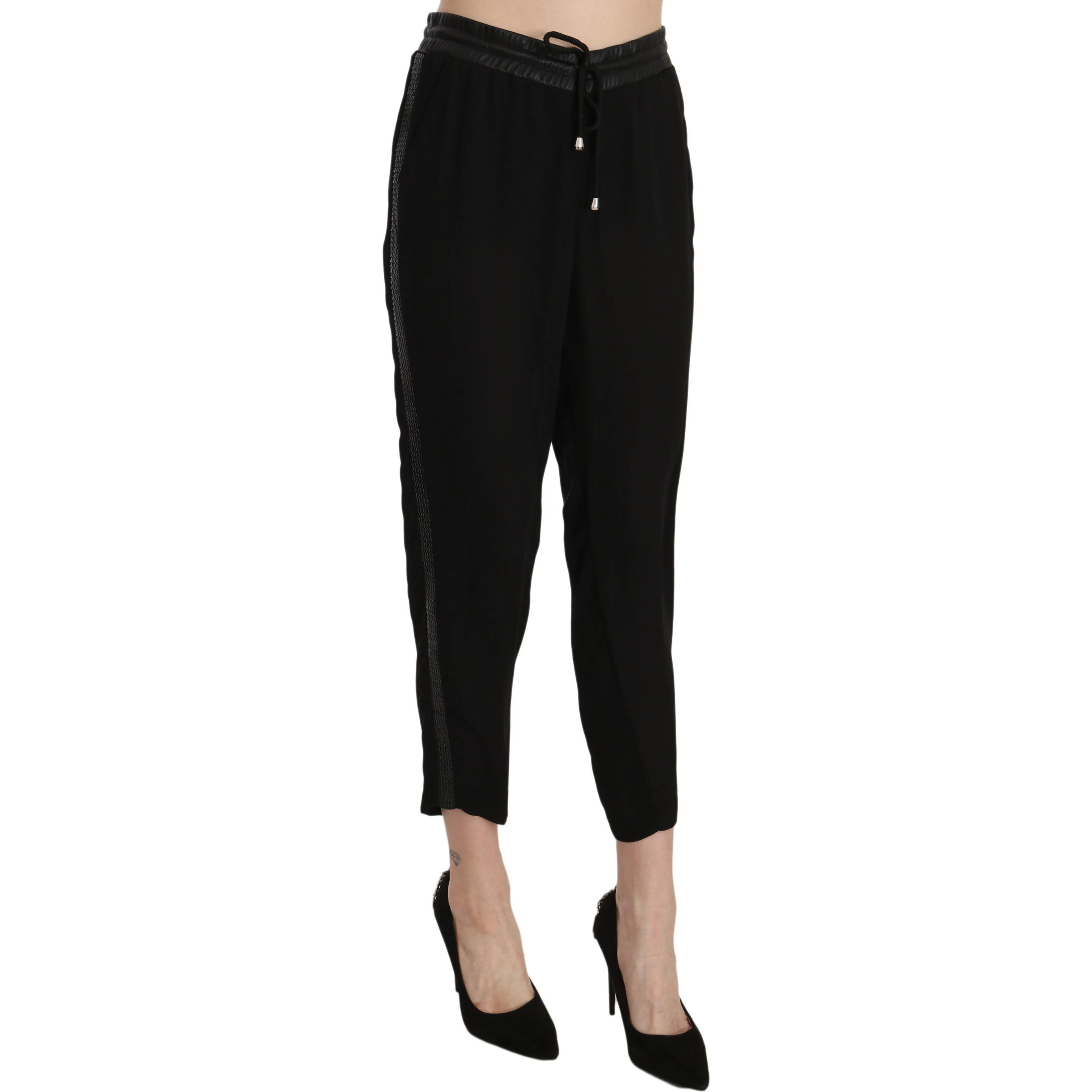 Black Polyester High Waist Cropped Trousers Pants