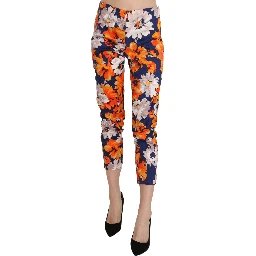 Blue Floral Print Skinny Slim Fit Trousers Pants