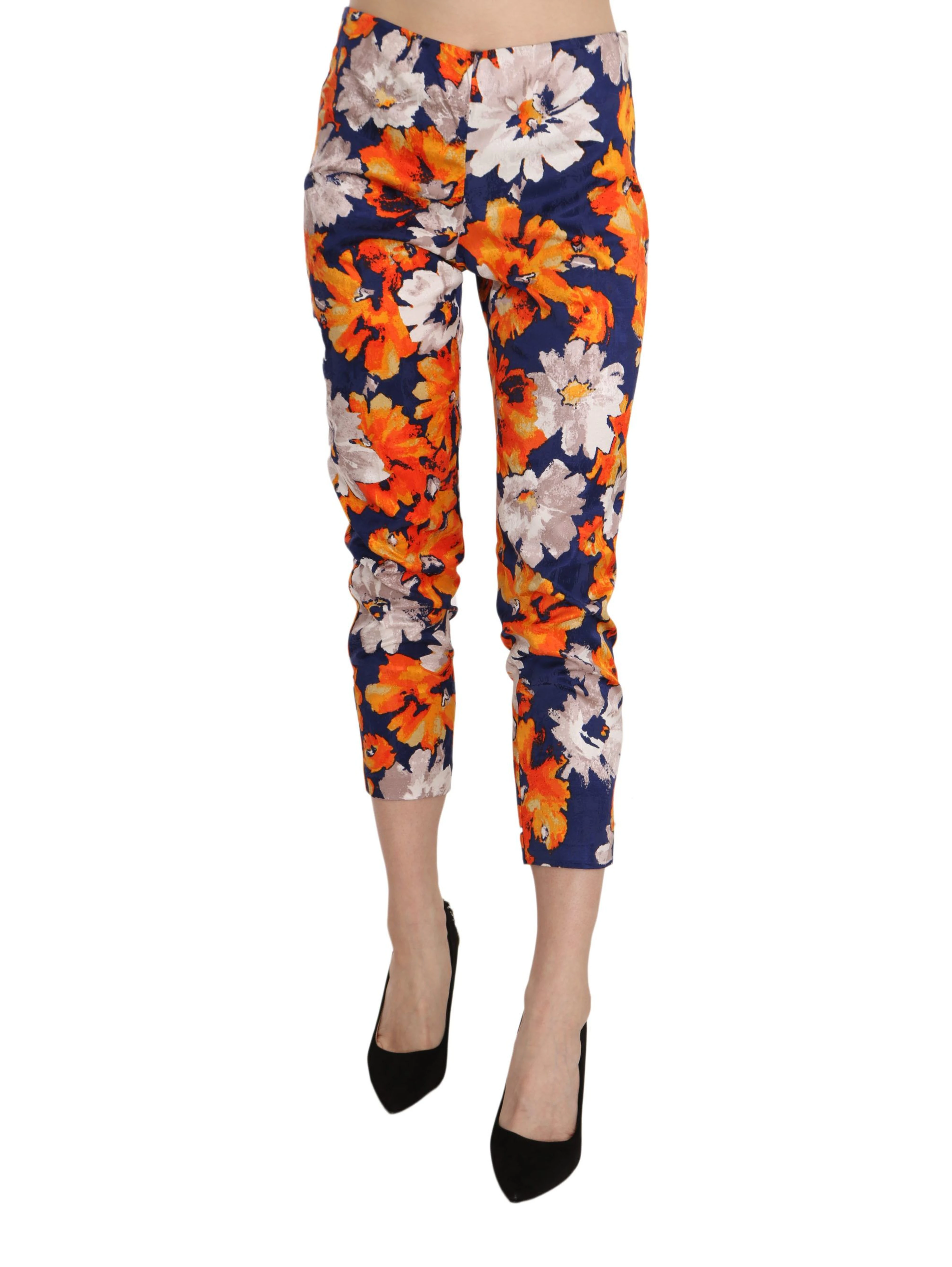 Blue Floral Print Skinny Slim Fit Trousers Pants
