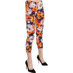 Blue Floral Print Skinny Slim Fit Trousers Pants