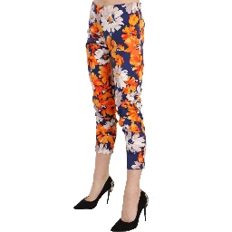 Blue Floral Print Skinny Slim Fit Trousers Pants