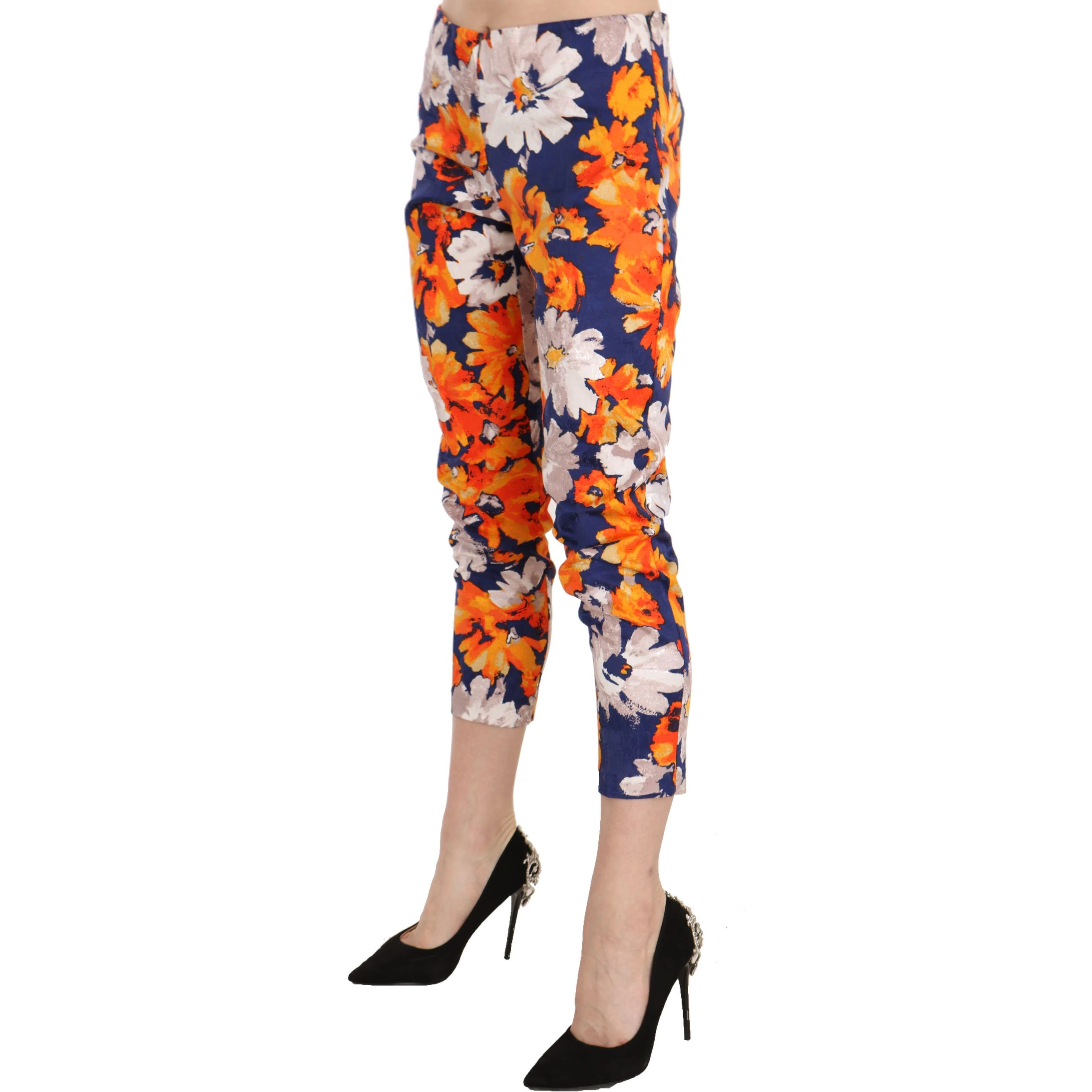 Blue Floral Print Skinny Slim Fit Trousers Pants