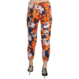 Blue Floral Print Skinny Slim Fit Trousers Pants