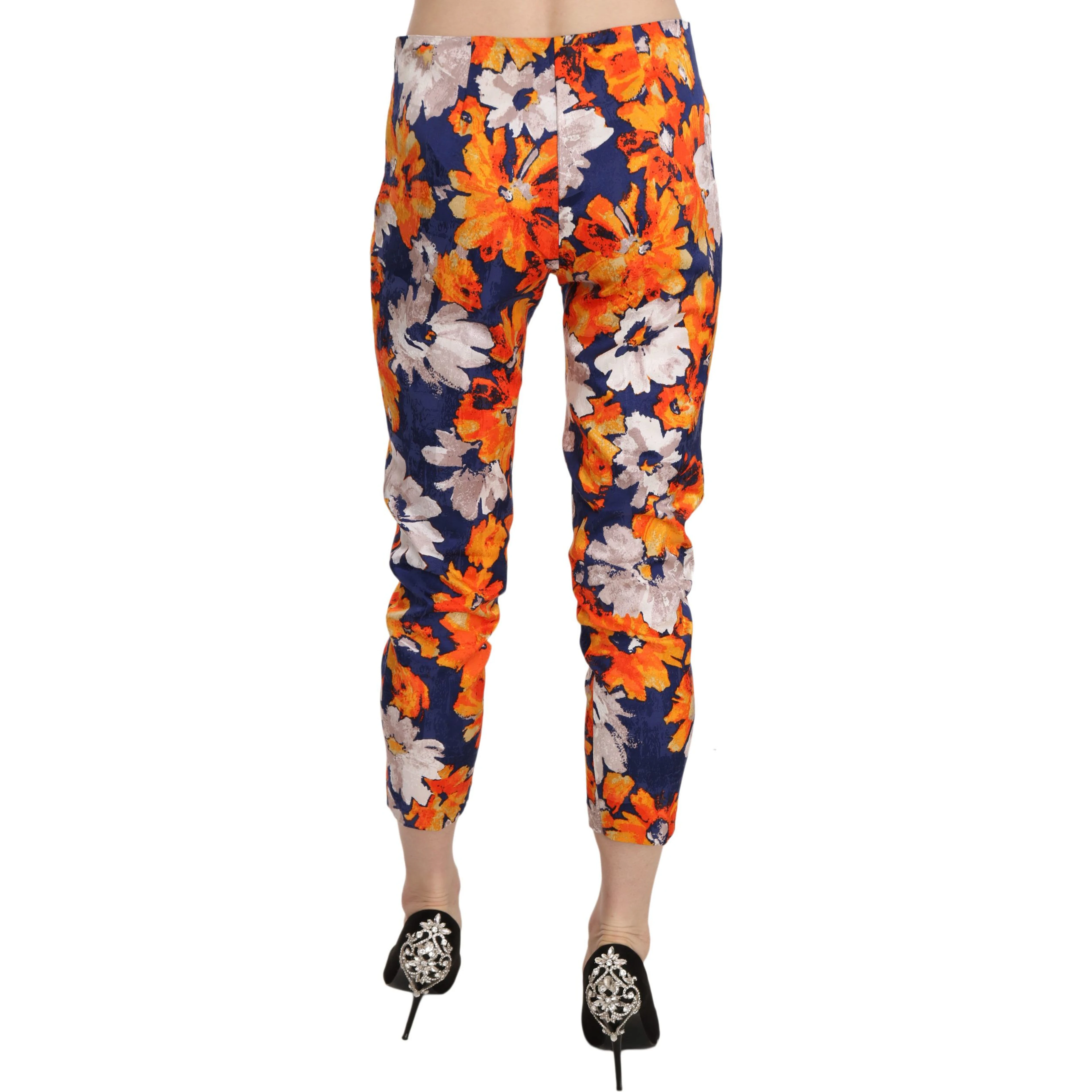 Blue Floral Print Skinny Slim Fit Trousers Pants