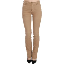 Brown Cotton Stretch Mid Waist Skinny Trousers Pants