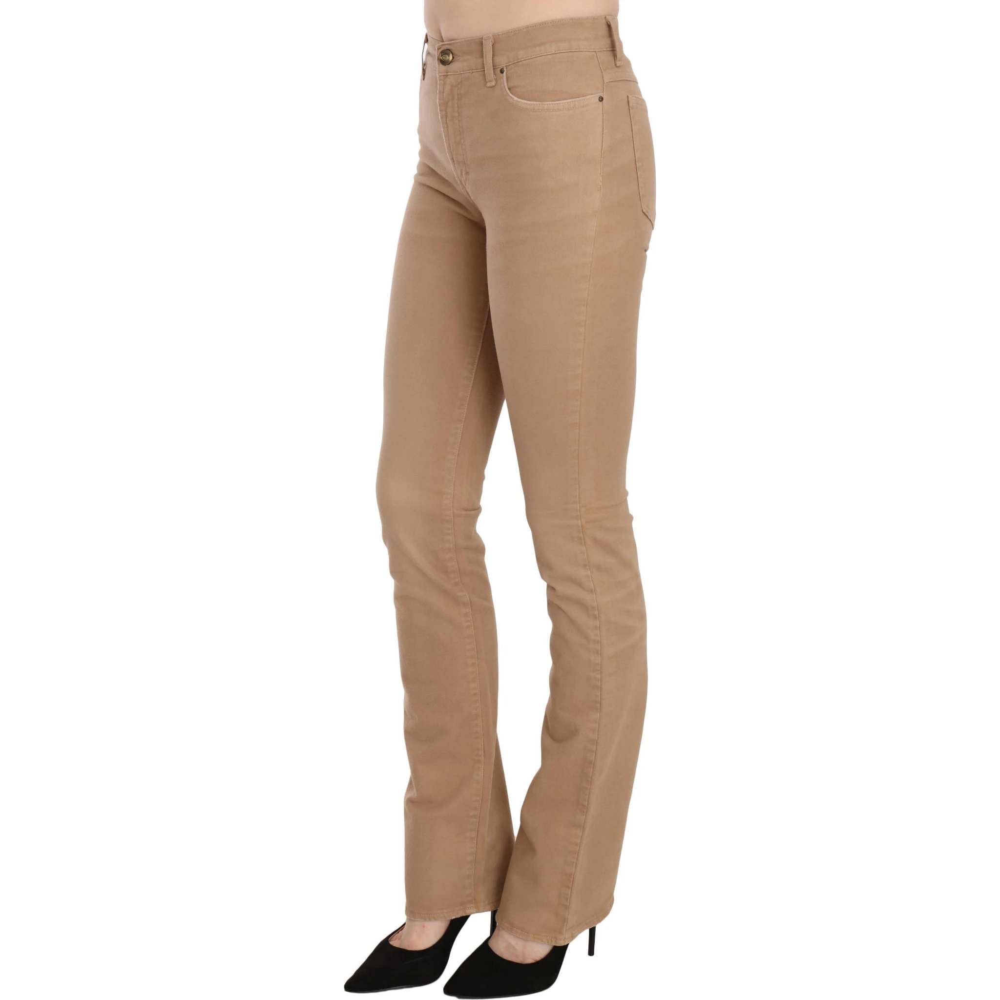 Brown Cotton Stretch Mid Waist Skinny Trousers Pants