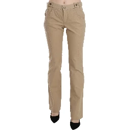 Beige Cotton Mid Waist Straight Trousers Pants