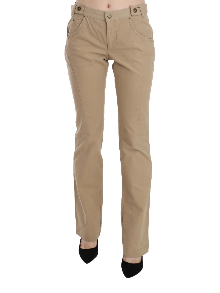 Beige Cotton Mid Waist Straight Trousers Pants