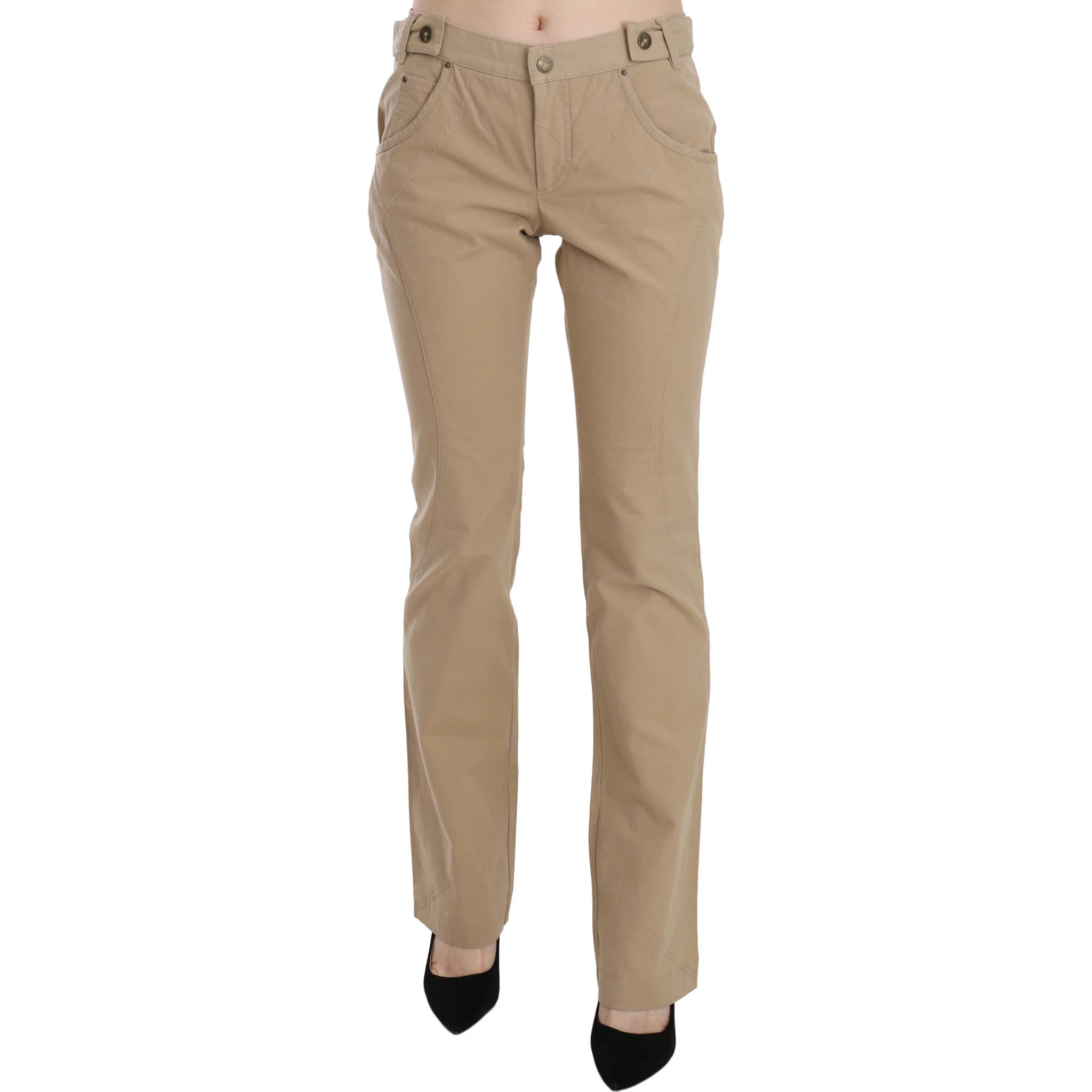 Beige Cotton Mid Waist Straight Trousers Pants