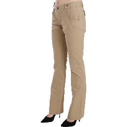 Beige Cotton Mid Waist Straight Trousers Pants