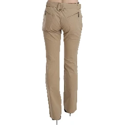 Beige Cotton Mid Waist Straight Trousers Pants