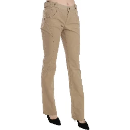 Beige Cotton Mid Waist Straight Trousers Pants