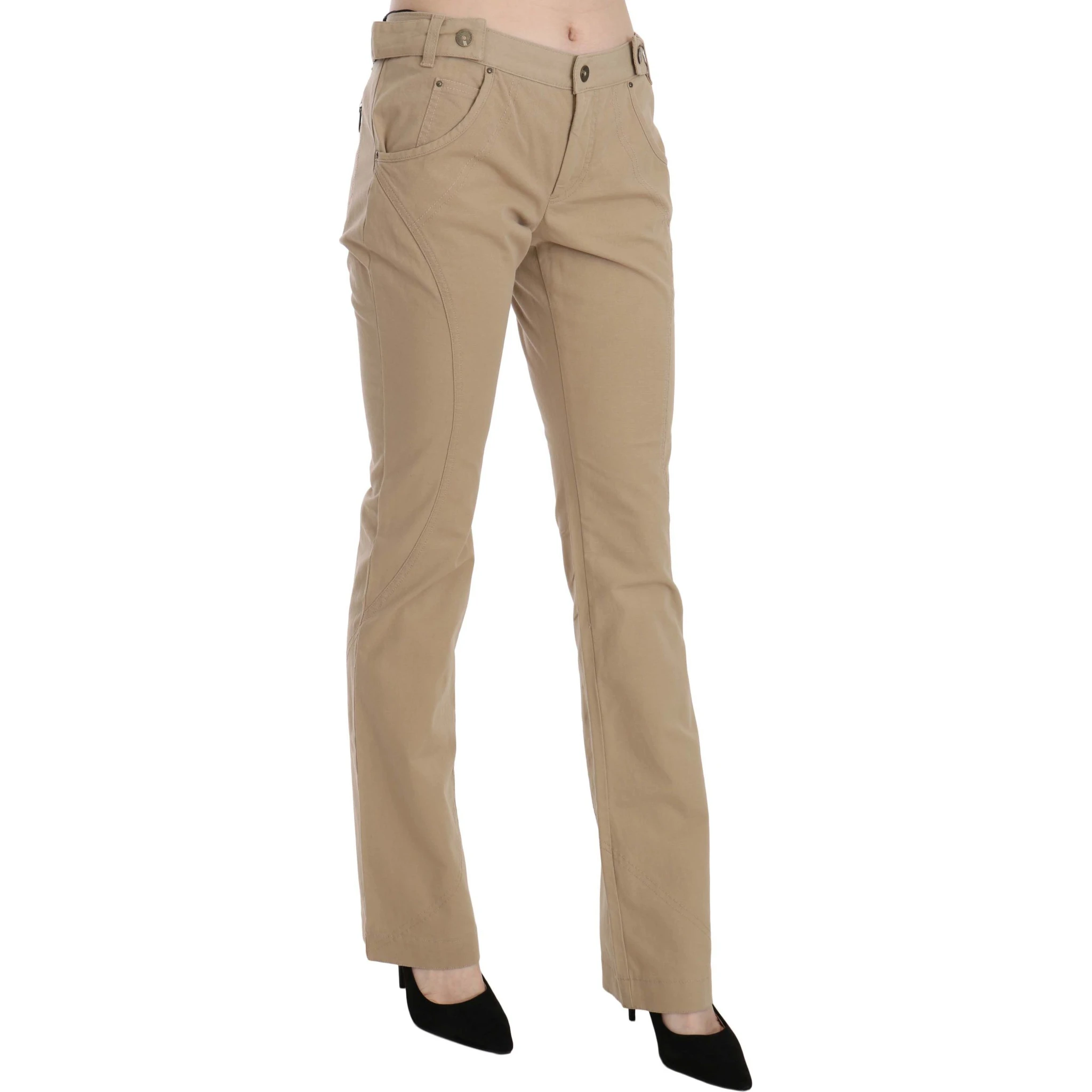 Beige Cotton Mid Waist Straight Trousers Pants