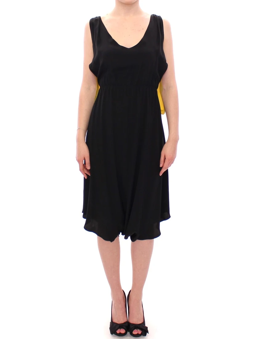 فستان كوكتيل أسود وأصفر حريري ضيق