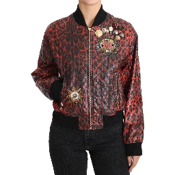 Red Leopard Button Crystal Leather Jacket