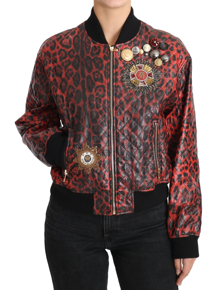 Red Leopard Button Crystal Leather Jacket