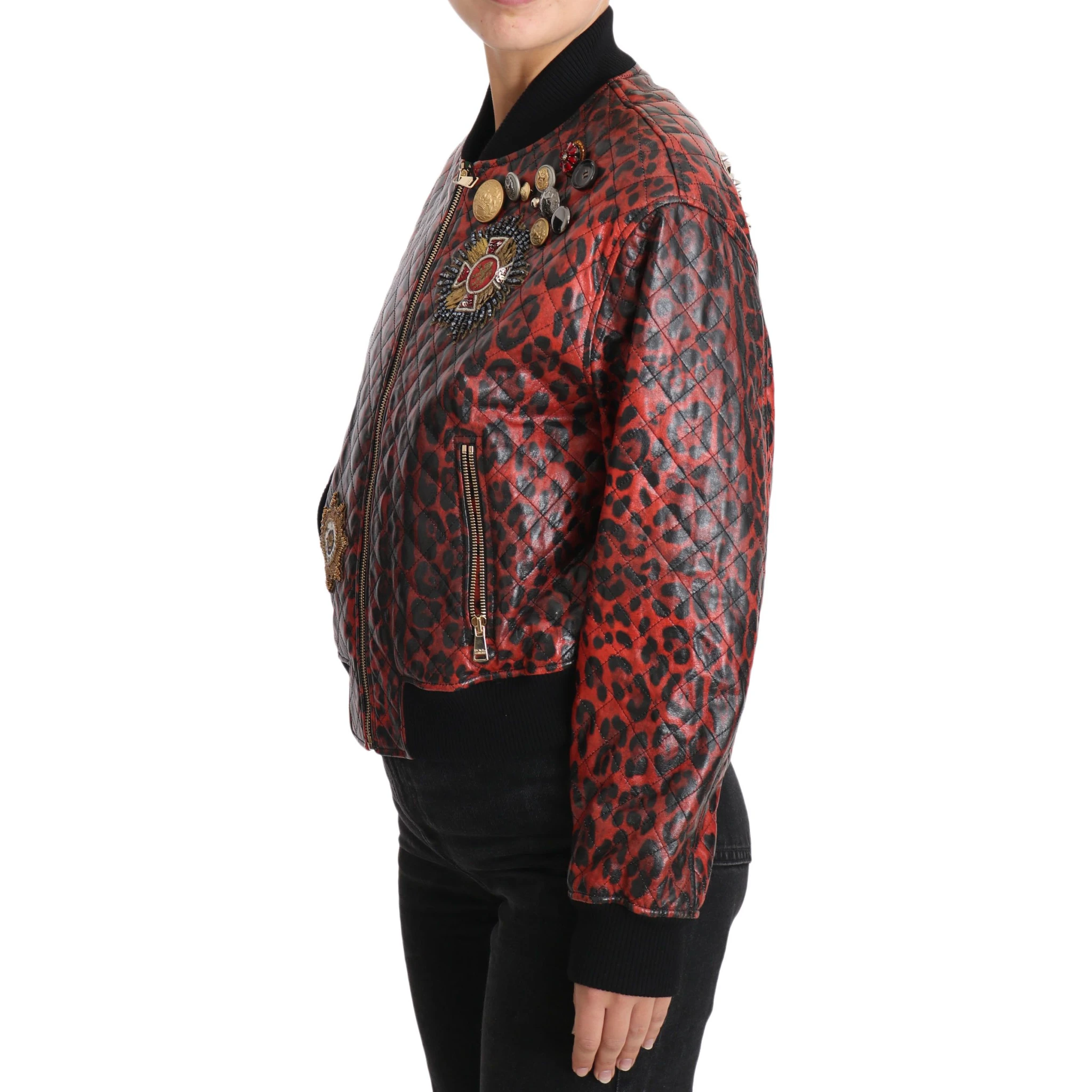 Red Leopard Button Crystal Leather Jacket
