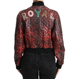 Red Leopard Button Crystal Leather Jacket