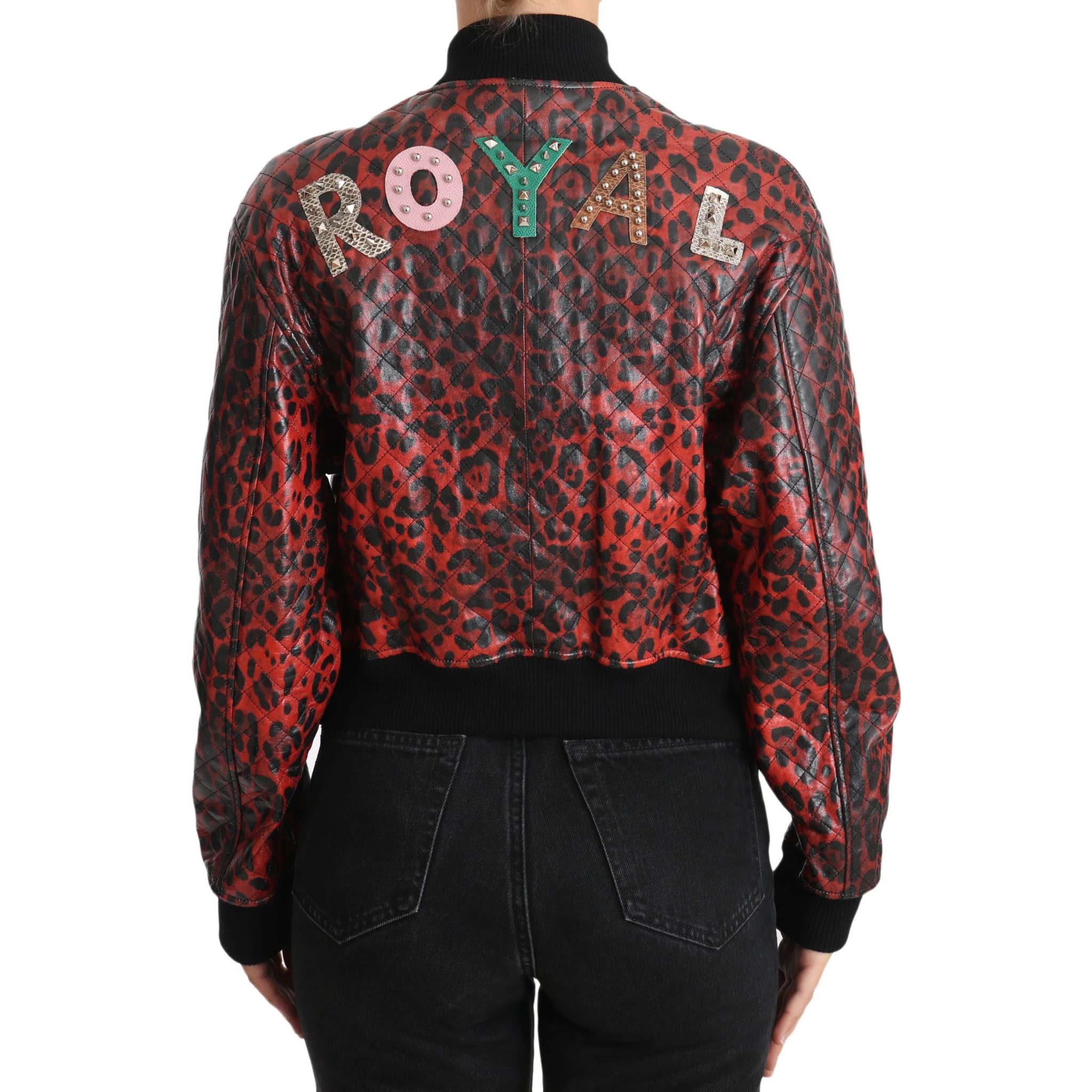 Red Leopard Button Crystal Leather Jacket