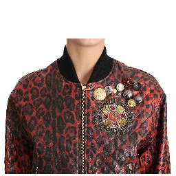 Red Leopard Button Crystal Leather Jacket