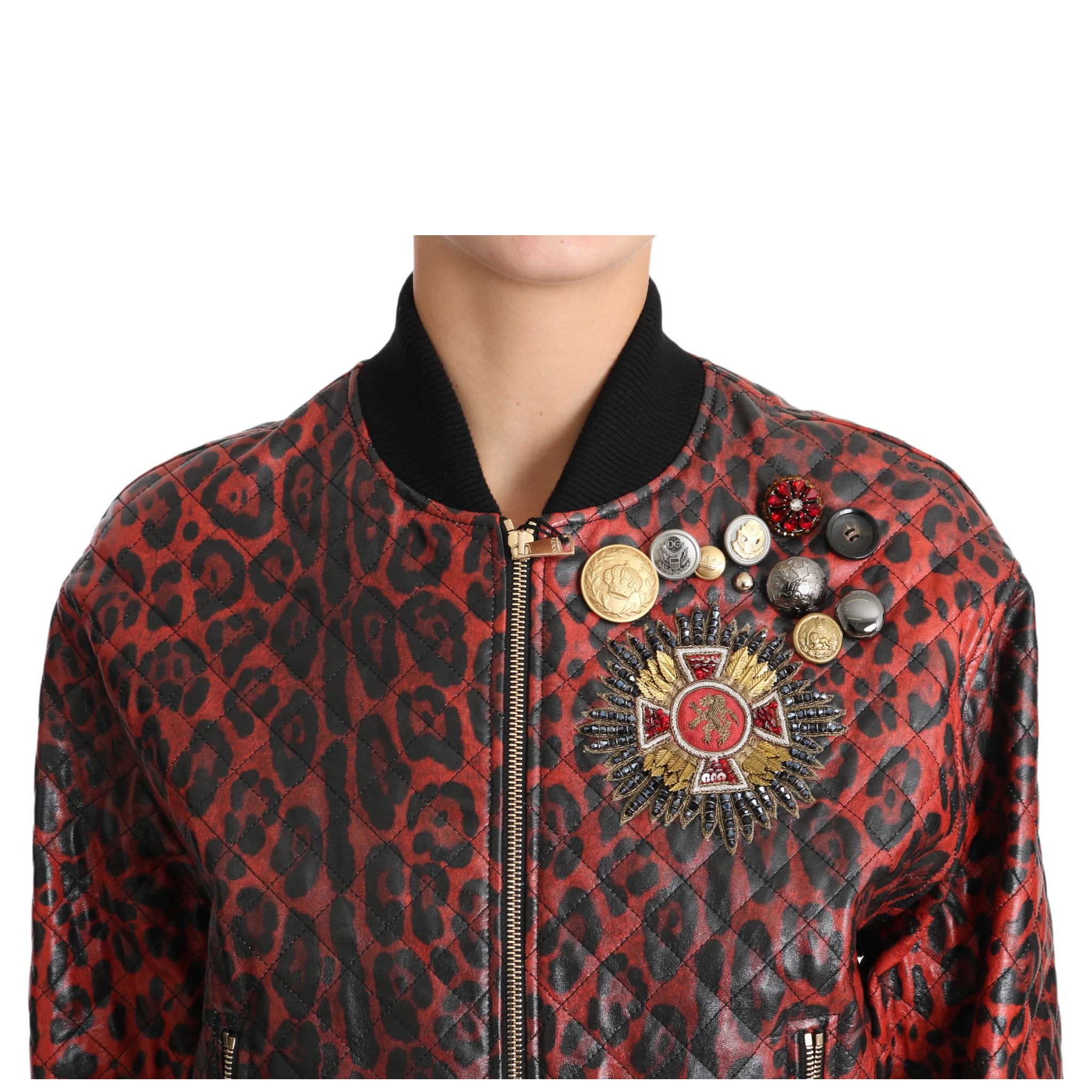 Red Leopard Button Crystal Leather Jacket
