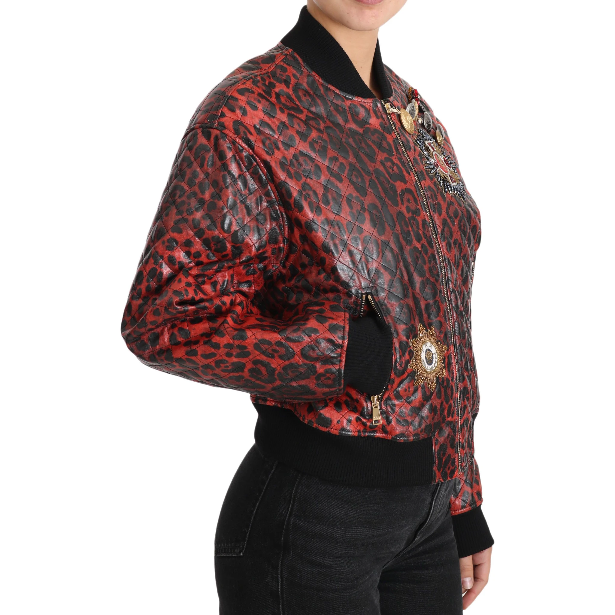 Red Leopard Button Crystal Leather Jacket