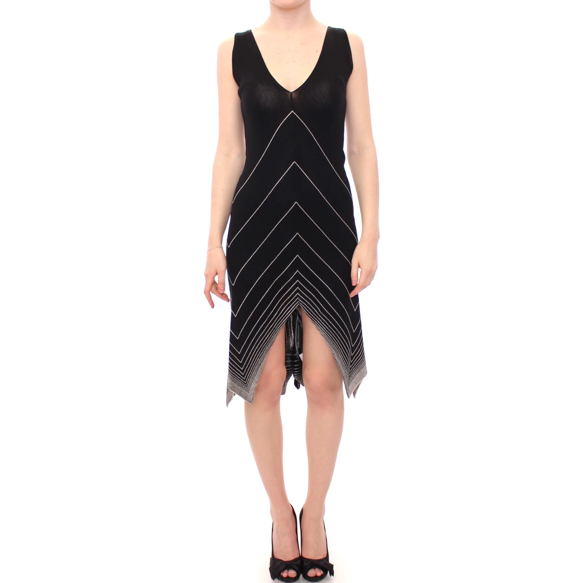 Black White Low V Neck Knitted Cocktail Dress