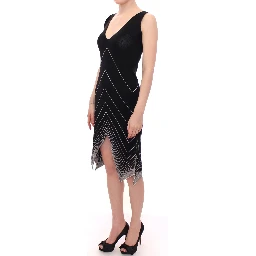 Black White Low V Neck Knitted Cocktail Dress