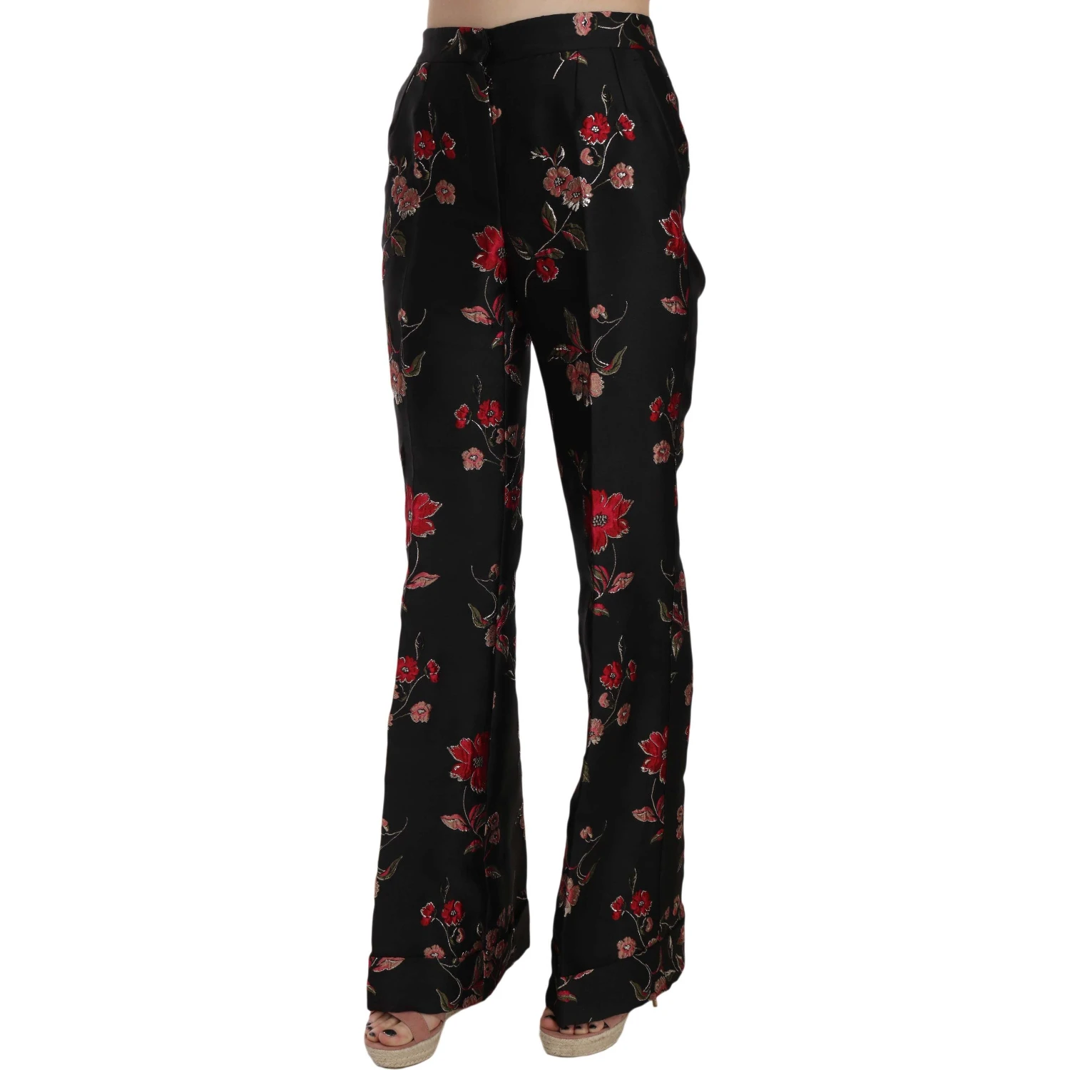 Floral Print Black Boot Cut Trouser Pants