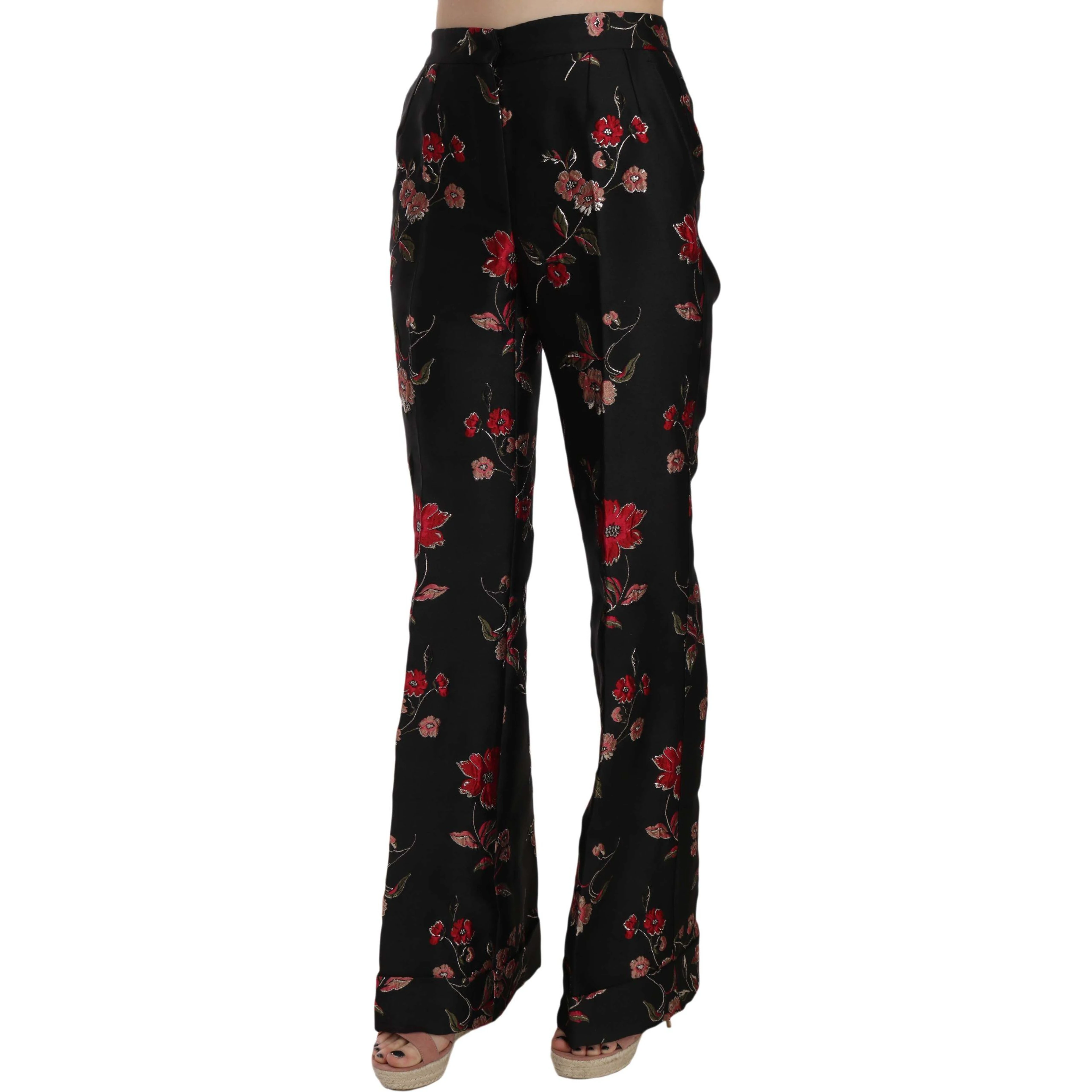 Floral Print Black Boot Cut Trouser Pants