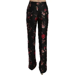 Floral Print Black Boot Cut Trouser Pants