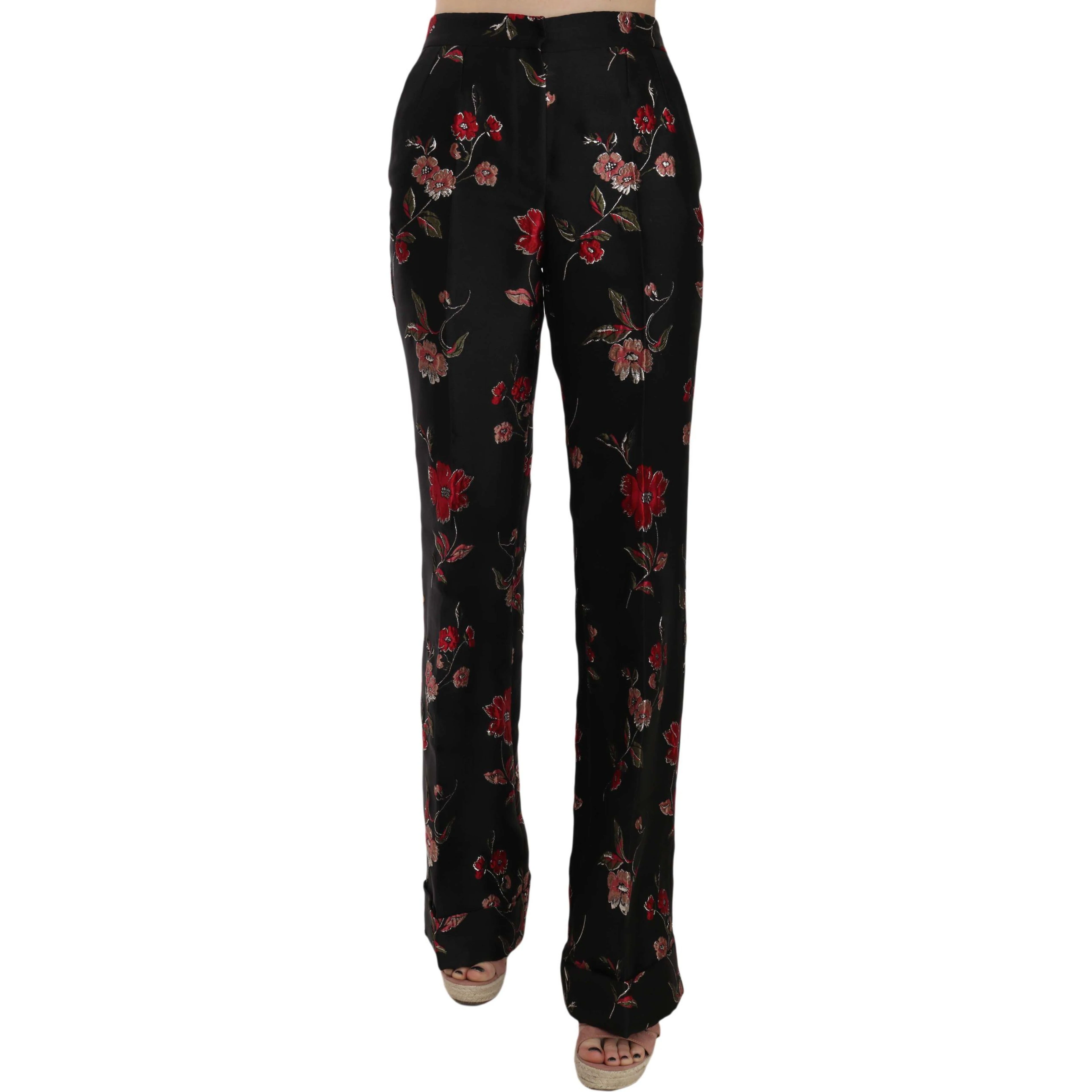 Floral Print Black Boot Cut Trouser Pants