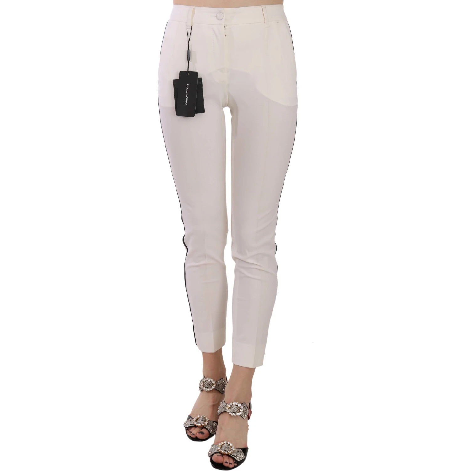 White Side Stripe Cropped Skinny Pants