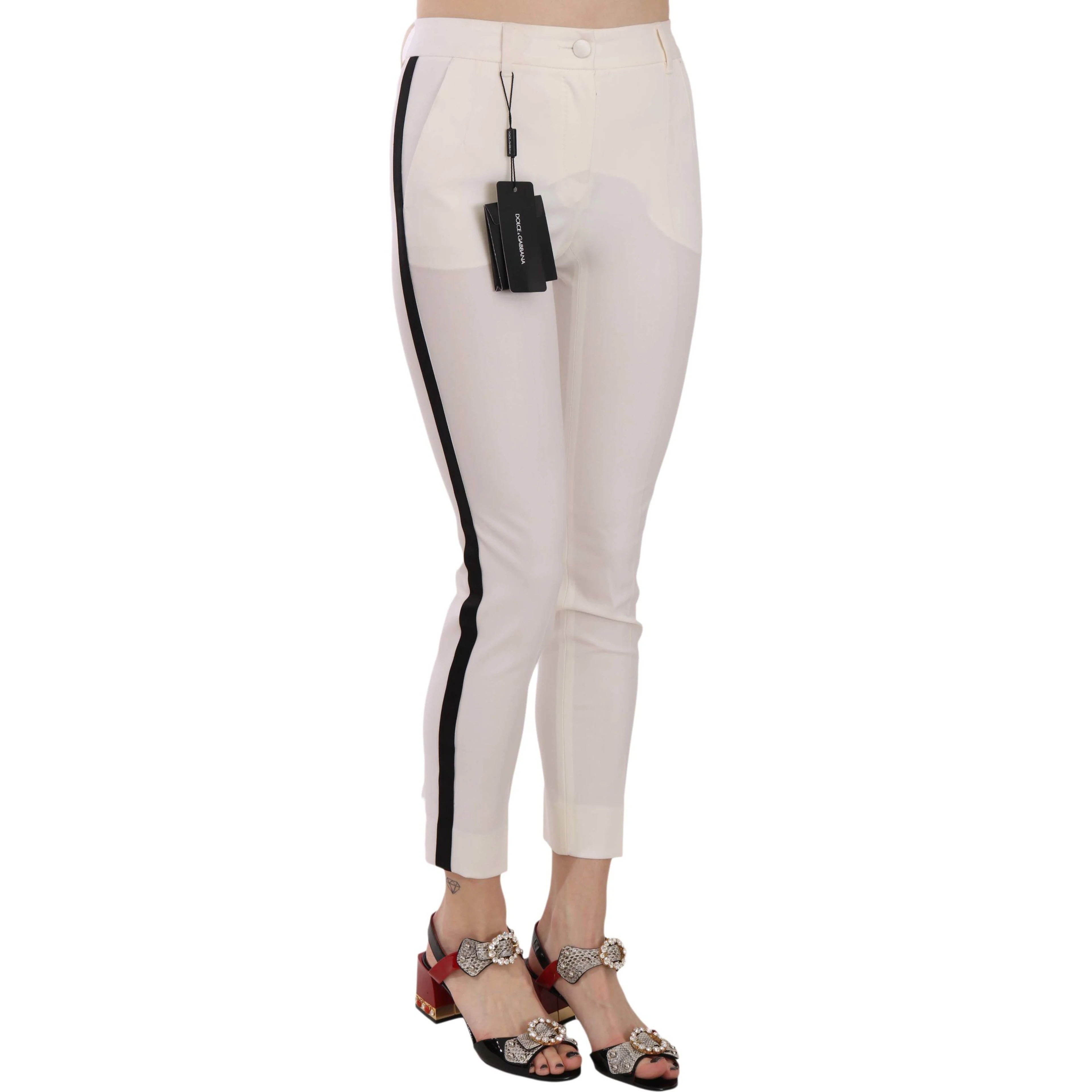 White Side Stripe Cropped Skinny Pants