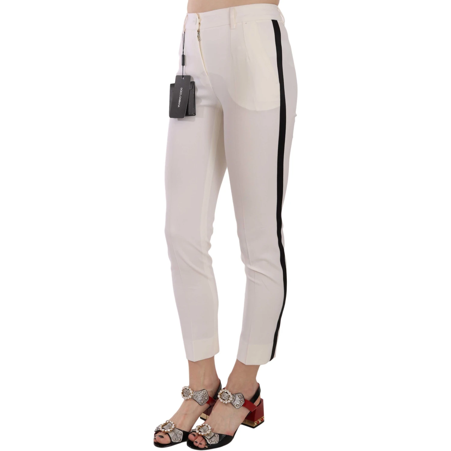 White Side Stripe Cropped Skinny Pants