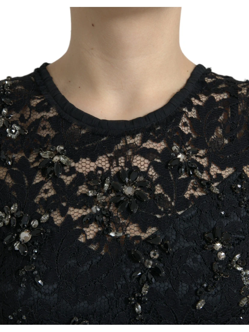 Black Floral Lace Crystal Sheath Dress