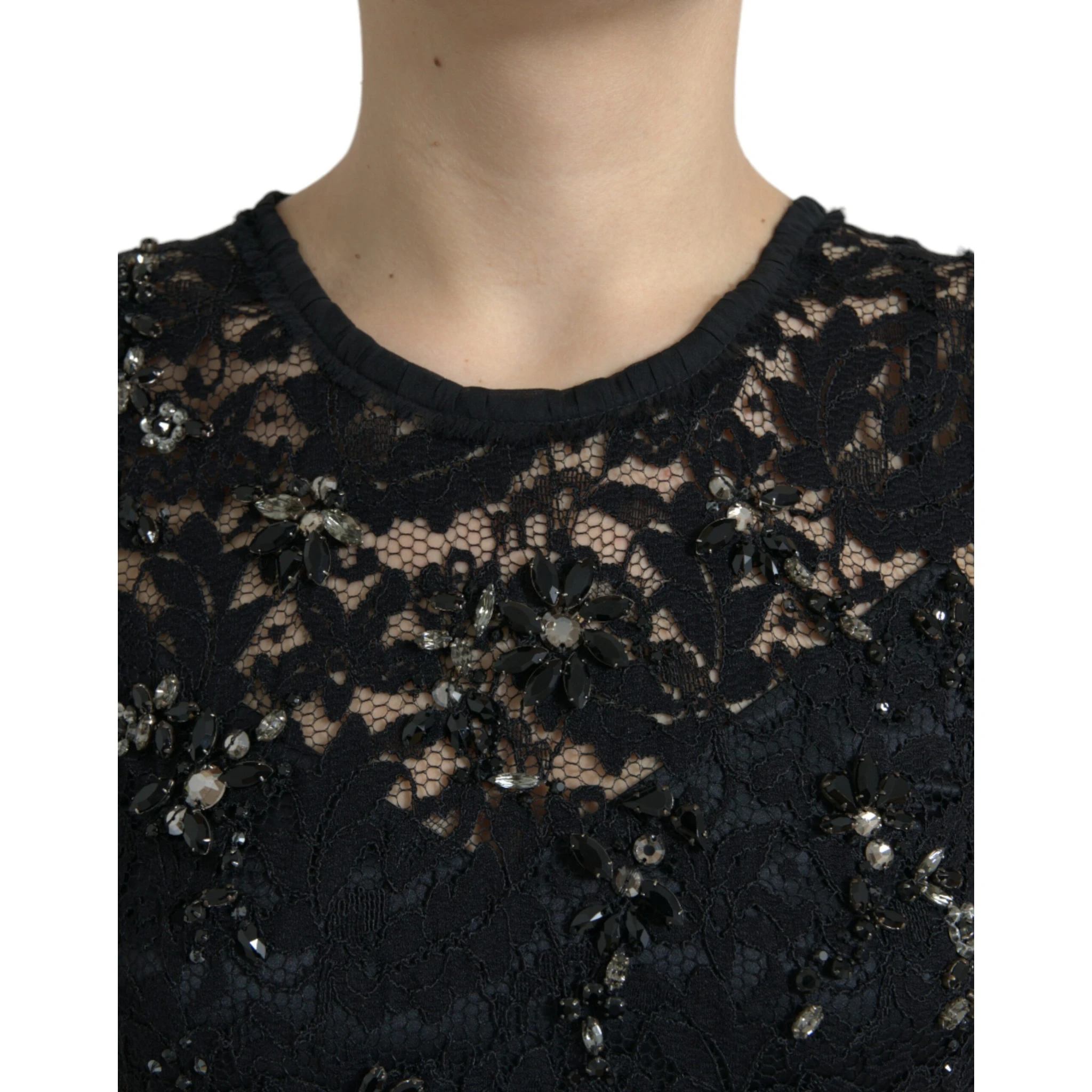 Black Floral Lace Crystal Sheath Dress