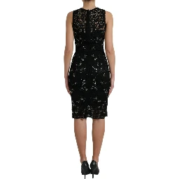 Black Floral Lace Crystal Sheath Dress