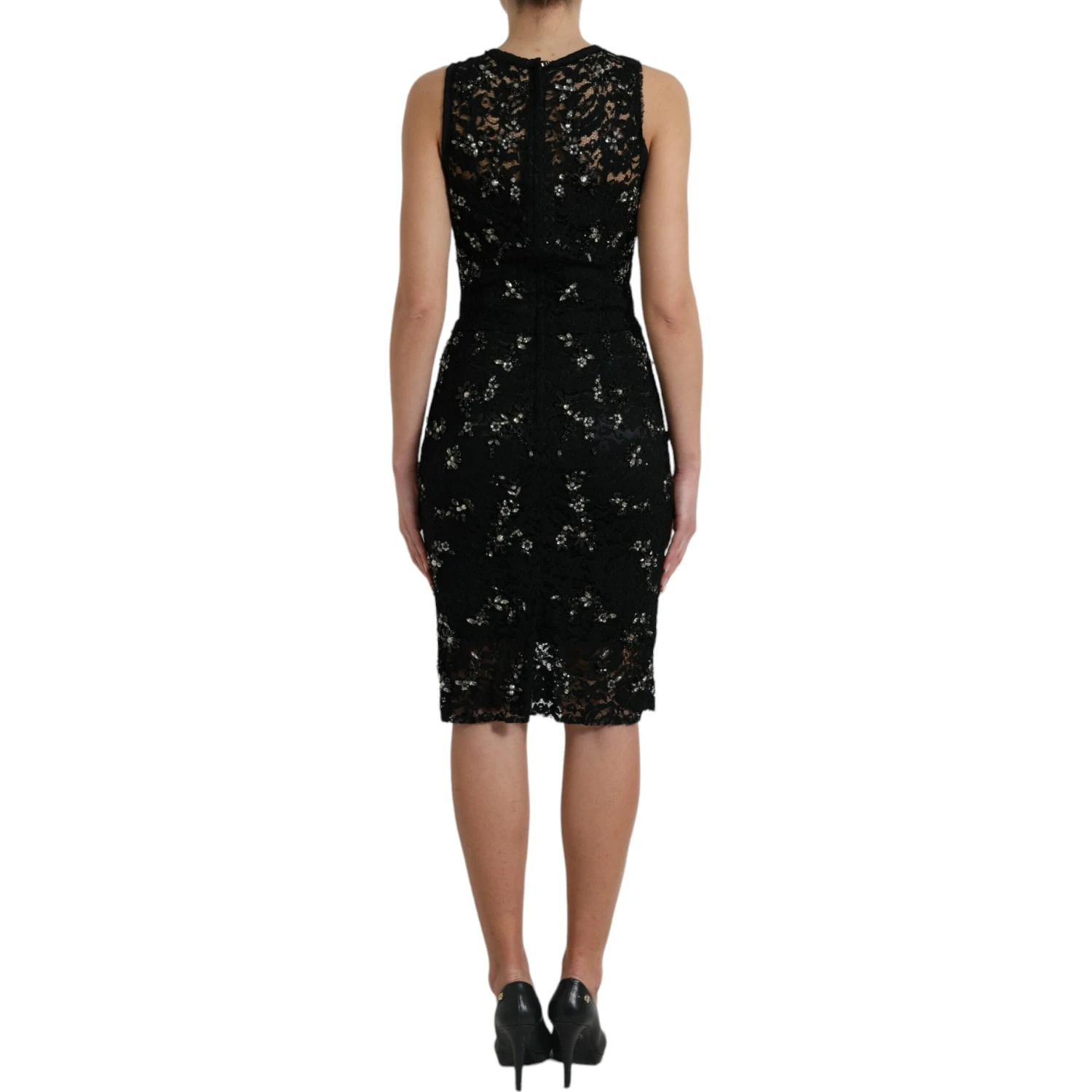 Black Floral Lace Crystal Sheath Dress
