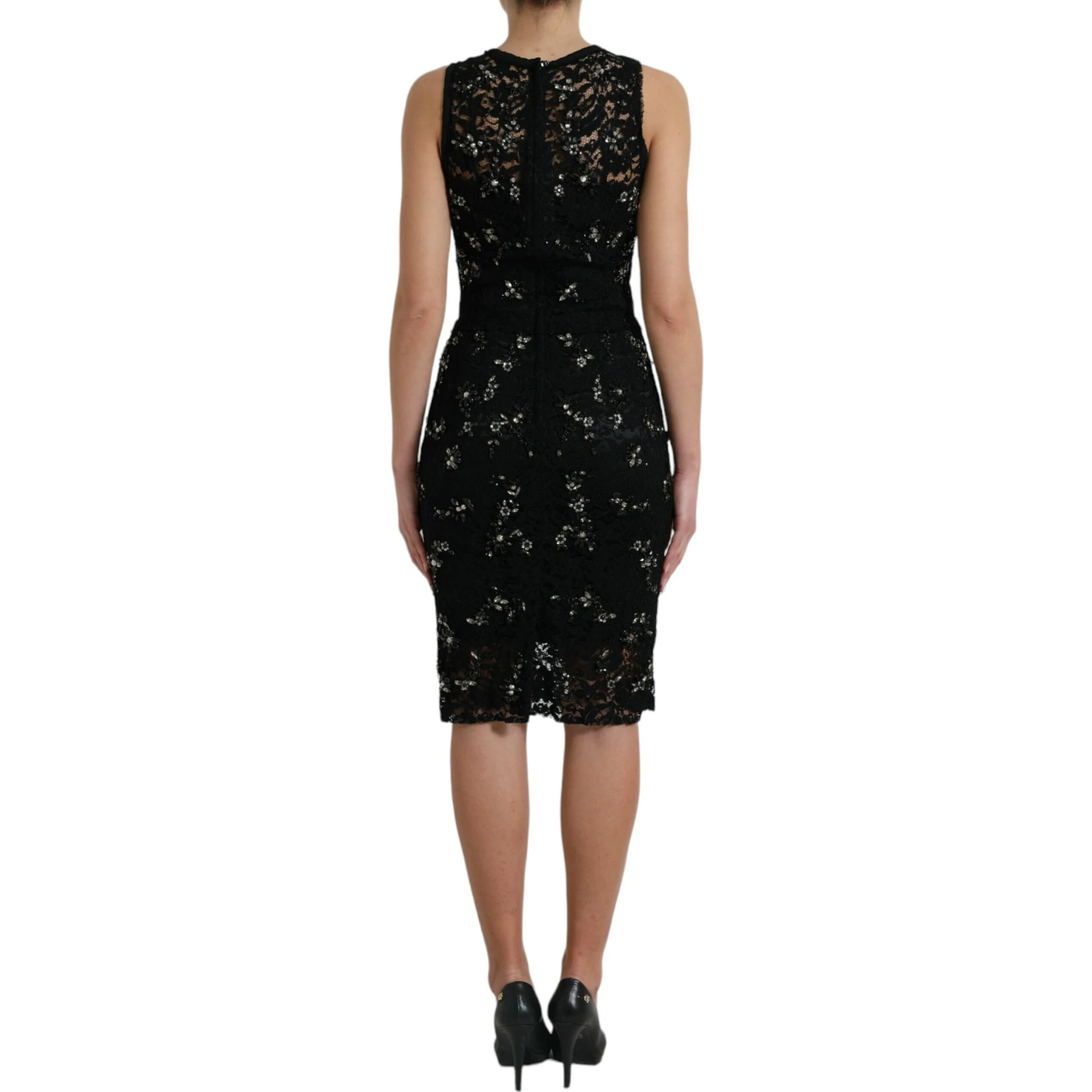 Black Floral Lace Crystal Sheath Dress
