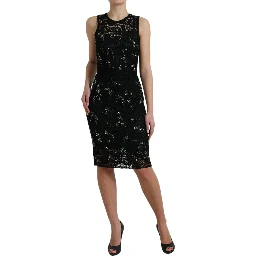 Black Floral Lace Crystal Sheath Dress