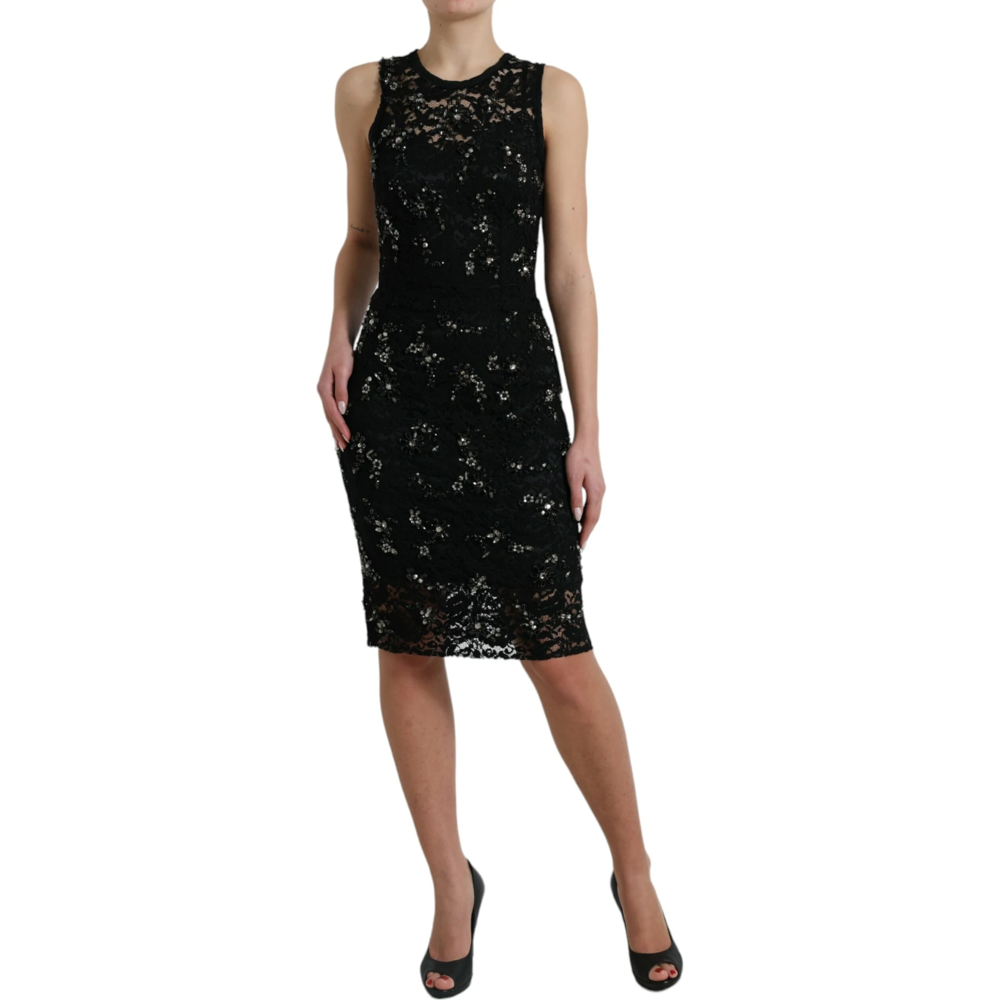 Black Floral Lace Crystal Sheath Dress