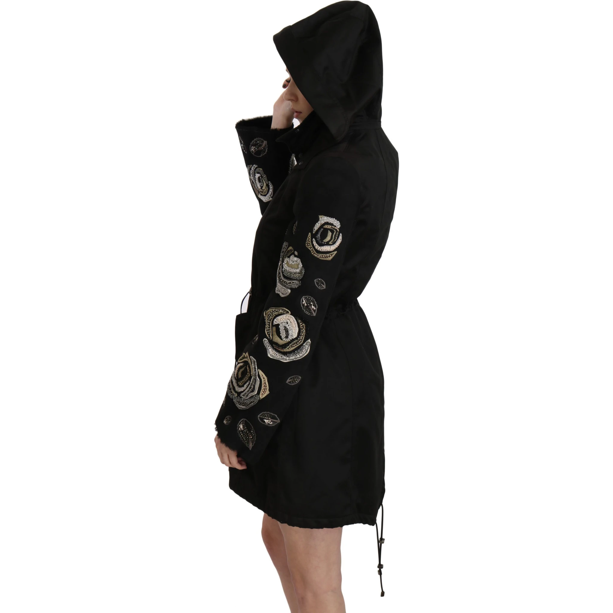 Floral Sequined Beaded Hooded Jacket Coat