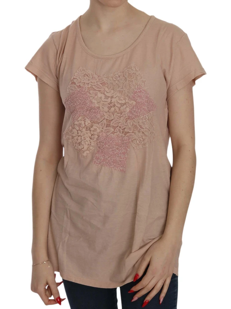 Pink Cream Lace Short Sleeve Shirt Top Cotton Blouse