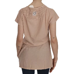 Pink Cream Lace Short Sleeve Shirt Top Cotton Blouse
