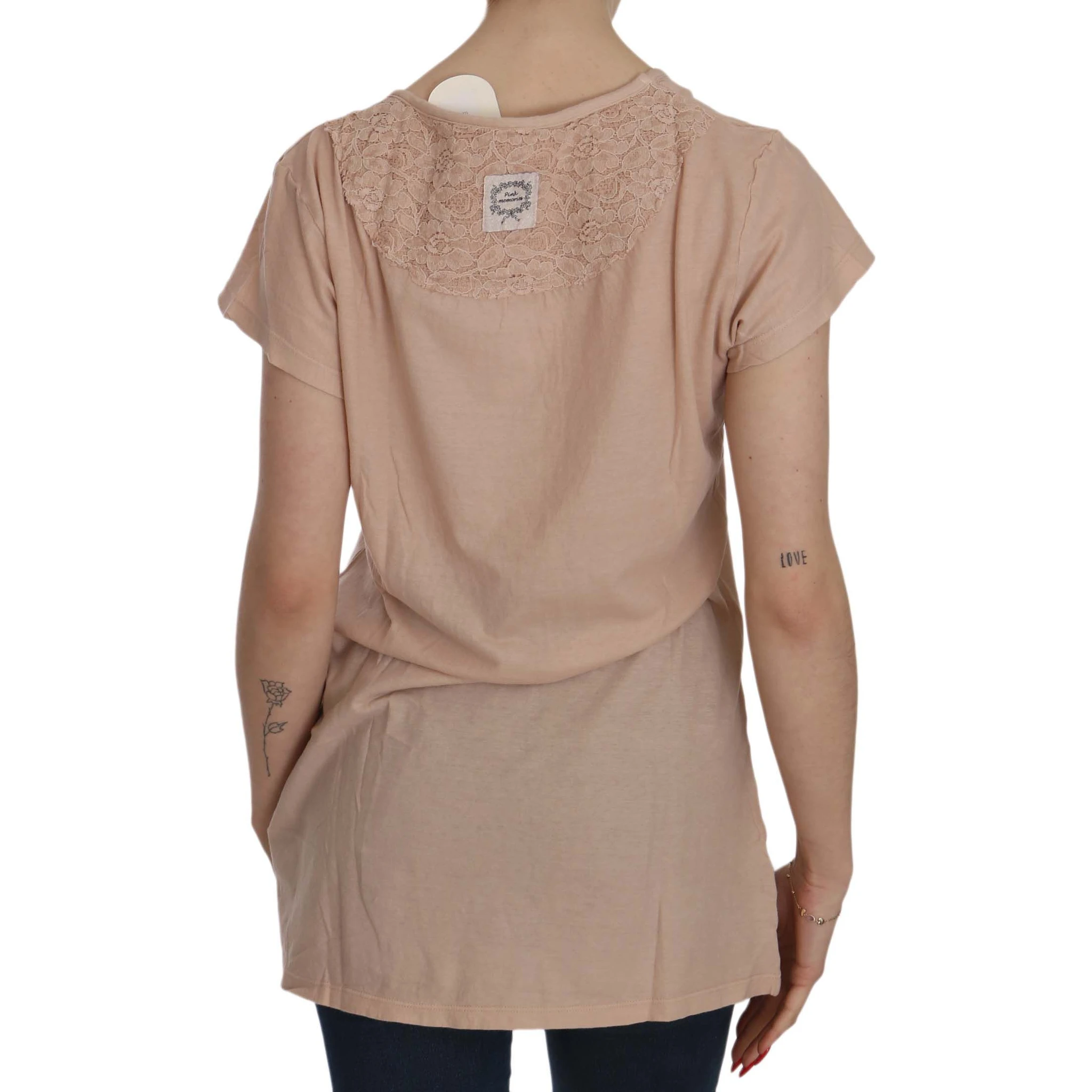 Pink Cream Lace Short Sleeve Shirt Top Cotton Blouse
