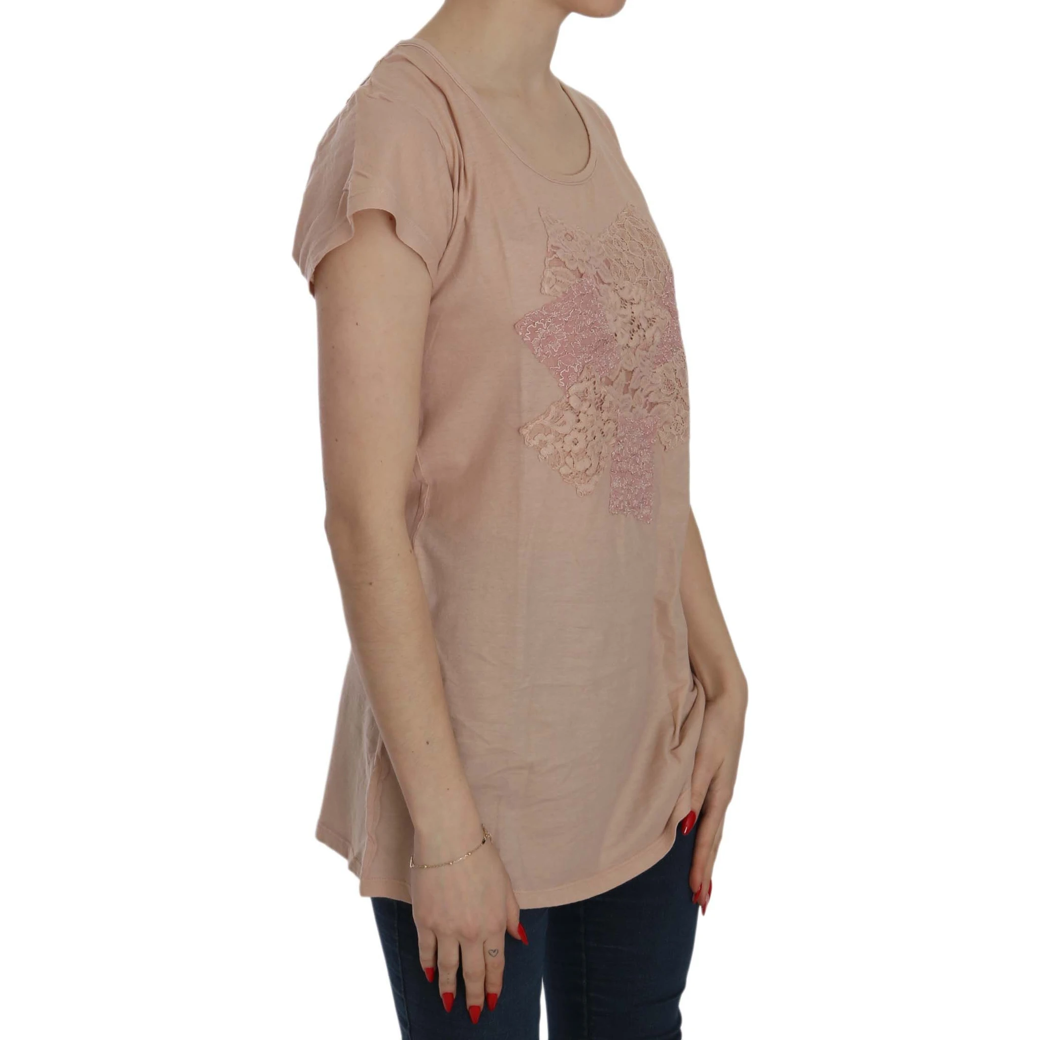 Pink Cream Lace Short Sleeve Shirt Top Cotton Blouse