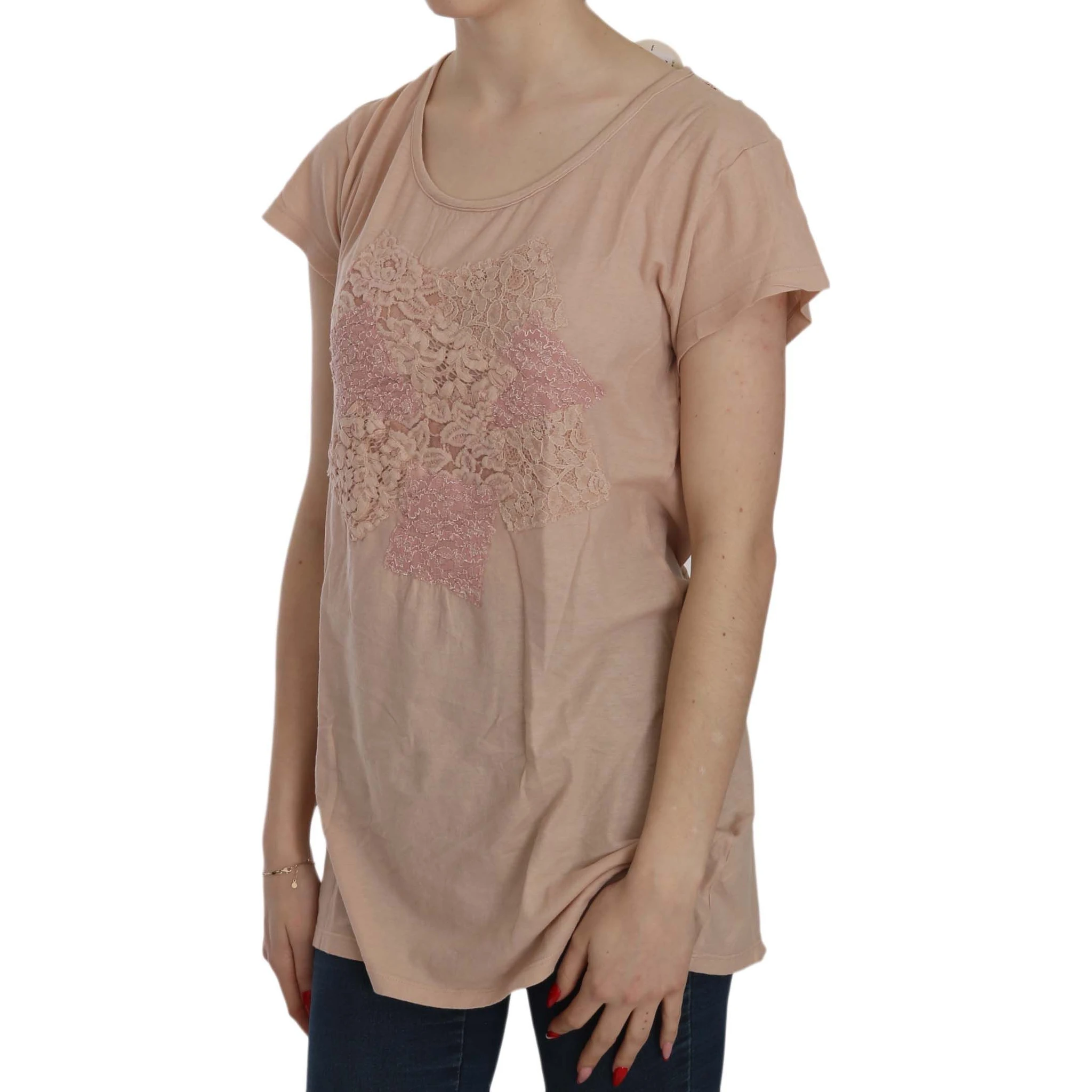 Pink Cream Lace Short Sleeve Shirt Top Cotton Blouse