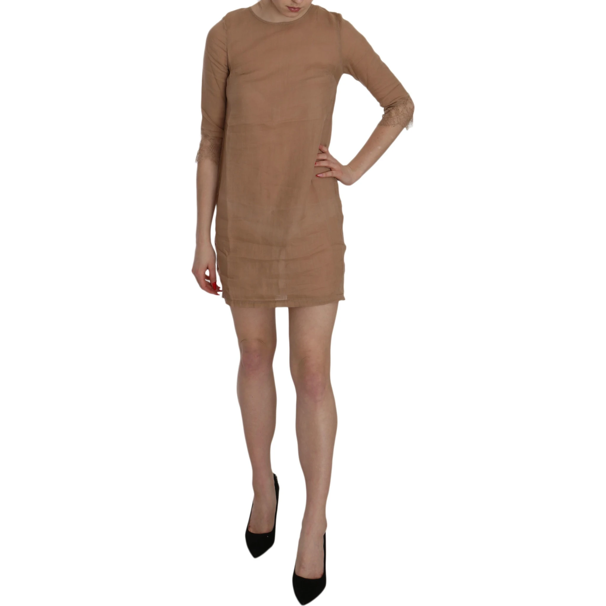 Brown 3/4 Sleeve Crewneck Shift Mini Dress